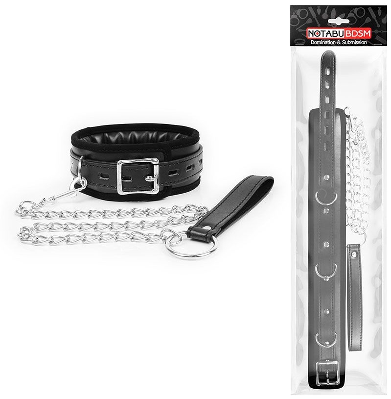 Черный ошейник на металлическом поводке с ручкой-петлей