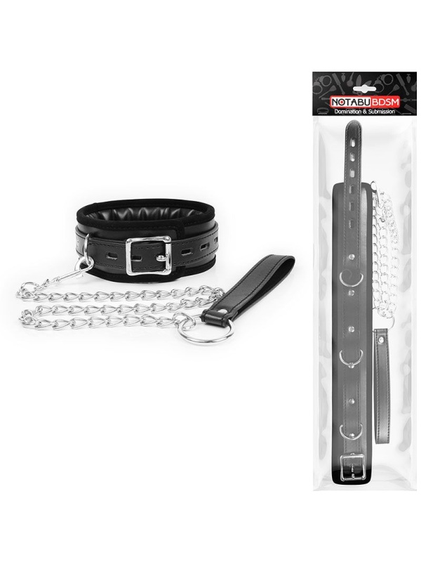 Черный ошейник на металлическом поводке с ручкой-петлей