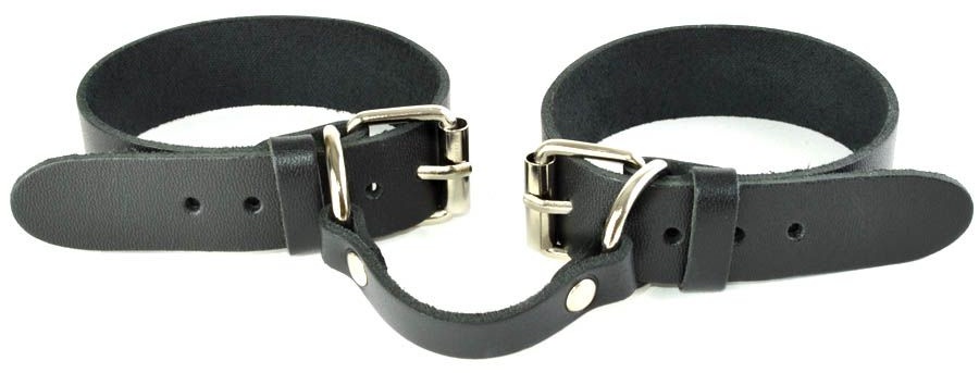 Черные кожаные наручники со съемной леопардовой опушкой