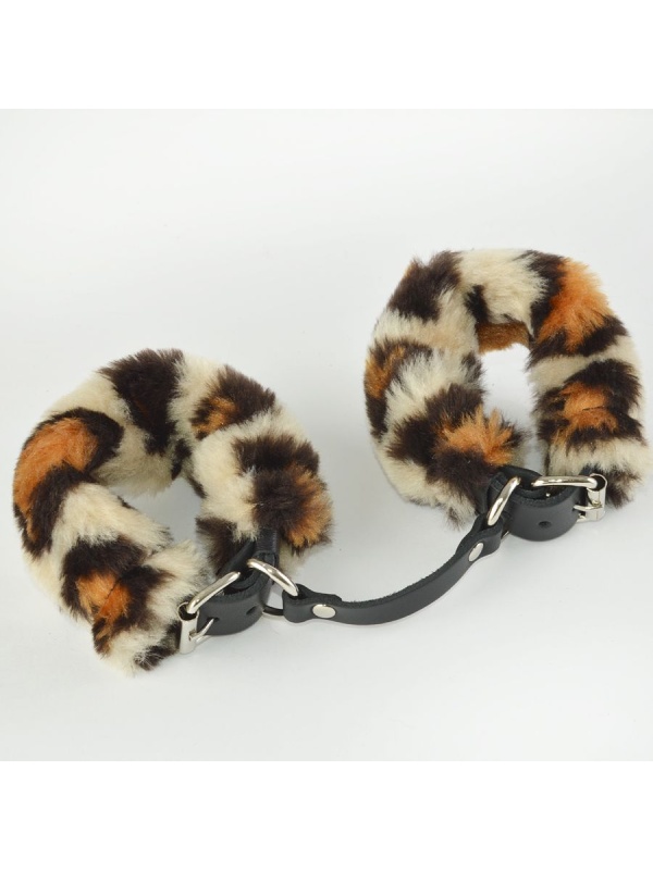 Черные кожаные наручники со съемной леопардовой опушкой