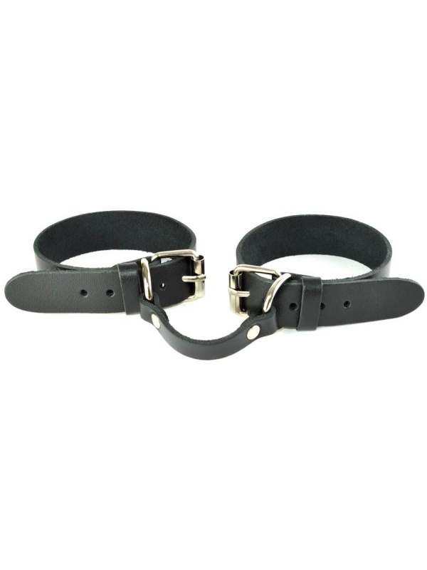 Черные кожаные наручники со съемной розовой опушкой