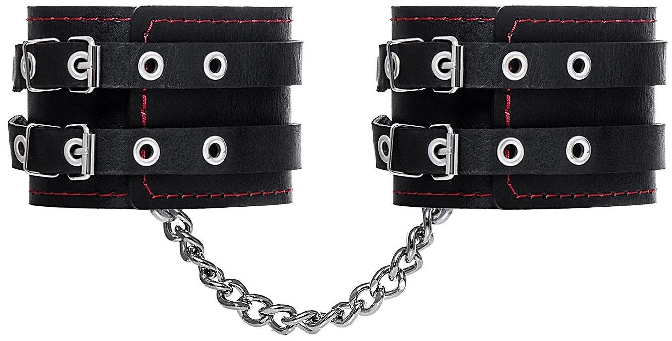Черные кожаные оковы с двумя ремнями и контрастной строчкой
