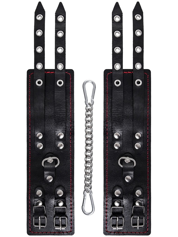 Черные кожаные оковы с двумя ремнями и контрастной строчкой