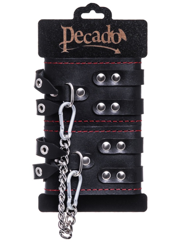 Черные кожаные оковы с двумя ремнями и контрастной строчкой