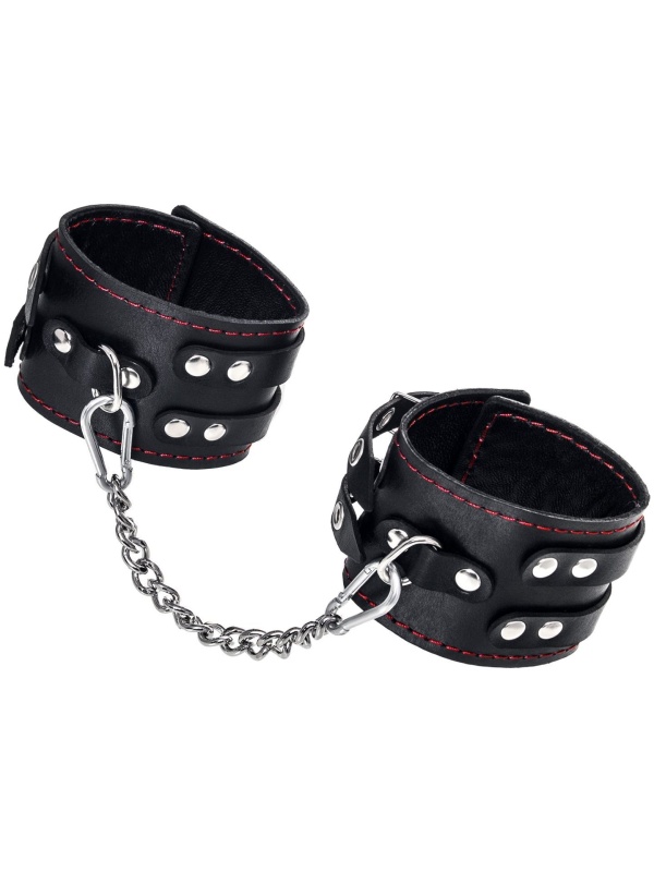 Черные кожаные оковы с двумя ремнями и контрастной строчкой