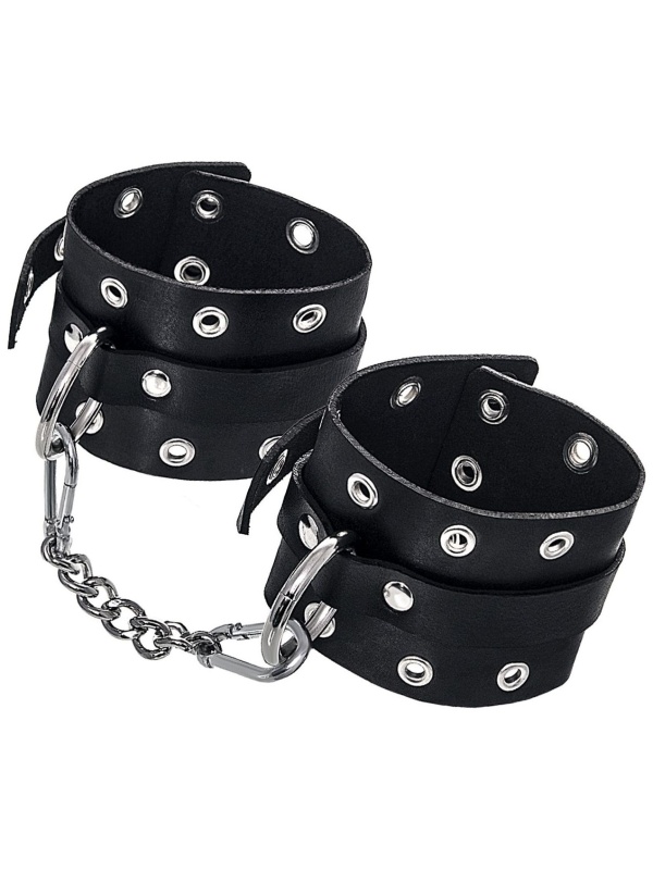 Черные кожаные однослойные наручники с люверсами