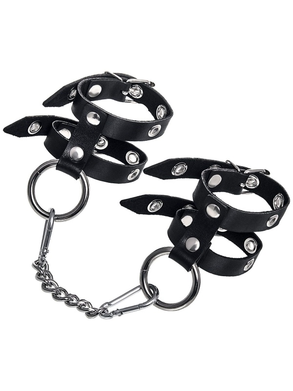 Черные однослойные кожаные наручники из двух ремешков