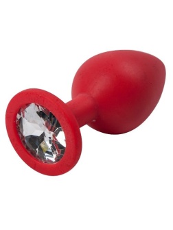 Красная силиконовая анальная пробка с прозрачным стразом - 8,2 см.