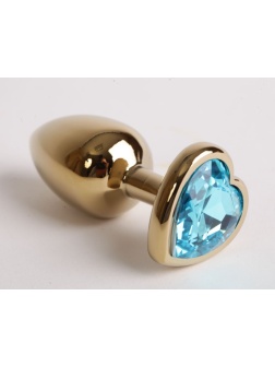 Золотистая анальная пробка среднего размера с голубым стразиком-сердечком - 8 см.