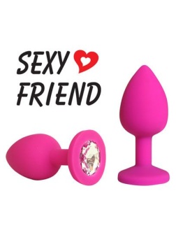 Розовая конусовидная анальная пробка с прозрачным кристаллом - 7,3 см.