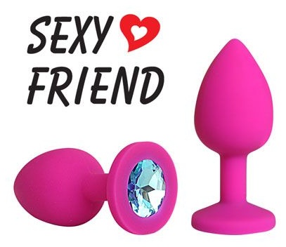 Розовая конусовидная анальная пробка с голубым кристаллом - 7,3 см.