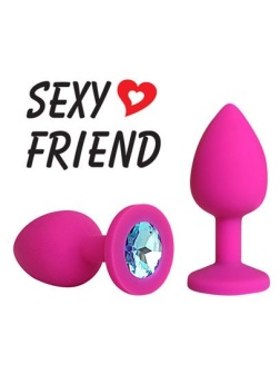 Розовая конусовидная анальная пробка с голубым кристаллом - 7,3 см.