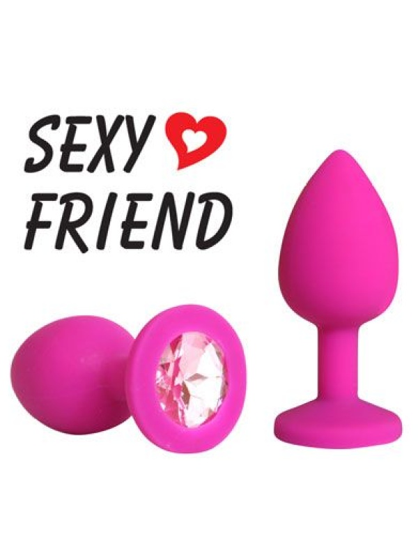 Розовая конусовидная анальная пробка с розовым кристаллом - 7,3 см.