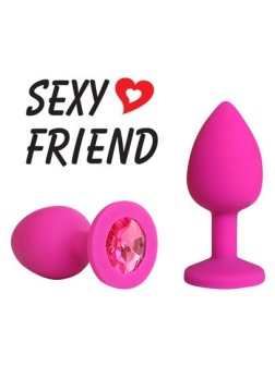 Розовая конусовидная анальная пробка с малиновым кристаллом - 7,3 см.