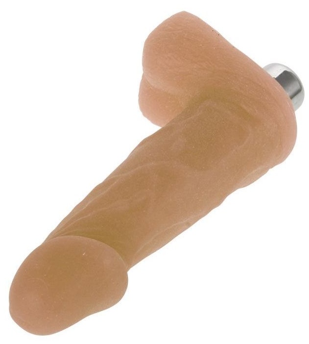 Телесный мини-вибромассажер с мошонкой - 12,5 см.