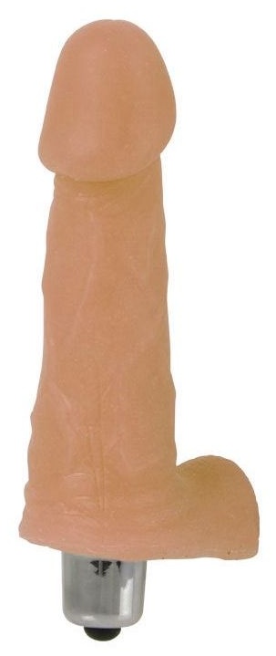 Телесный мини-вибромассажер с мошонкой - 12,5 см.