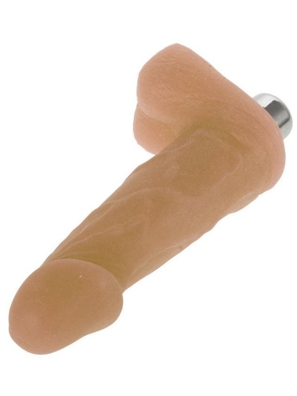 Телесный мини-вибромассажер с мошонкой - 12,5 см.