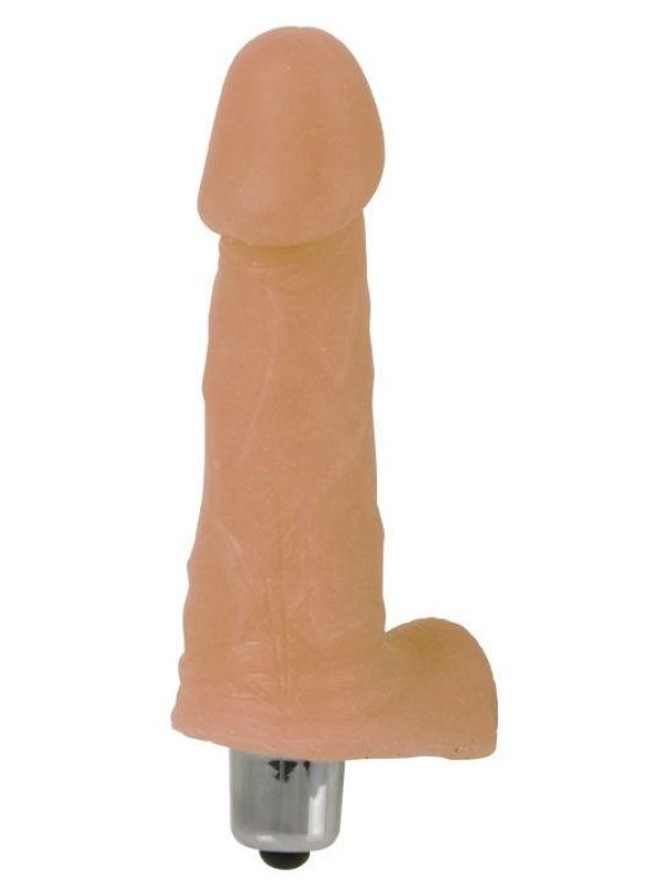 Телесный мини-вибромассажер с мошонкой - 12,5 см.