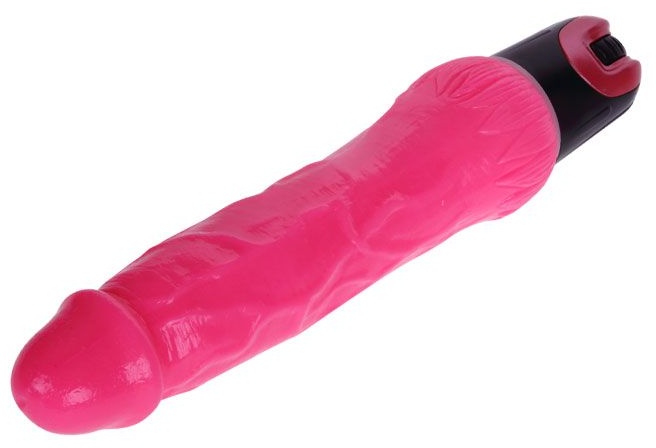 Ярко-розовый вибратор-реалистик с колёсиком - 24 см.