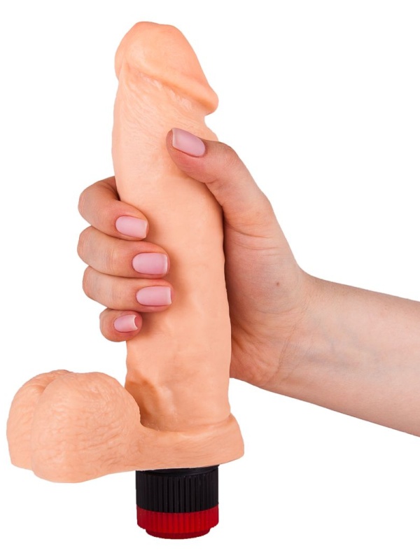 Гелевый виброфаллос с мошонкой - 19 см.