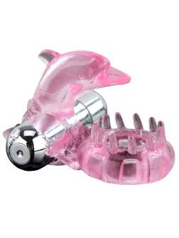 Розовое виброкольцо-дельфин с шипами