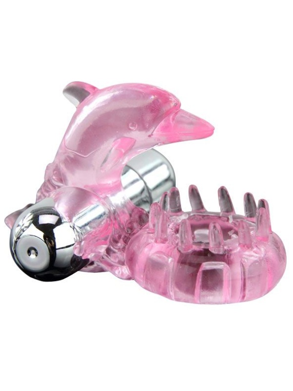 Розовое виброкольцо-дельфин с шипами