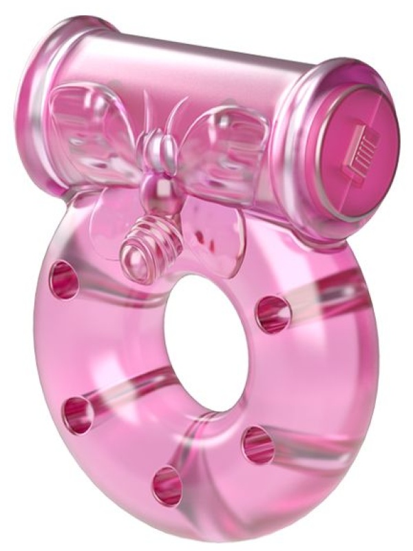 Розовое эрекционное кольцо с бабочкой на вибропуле