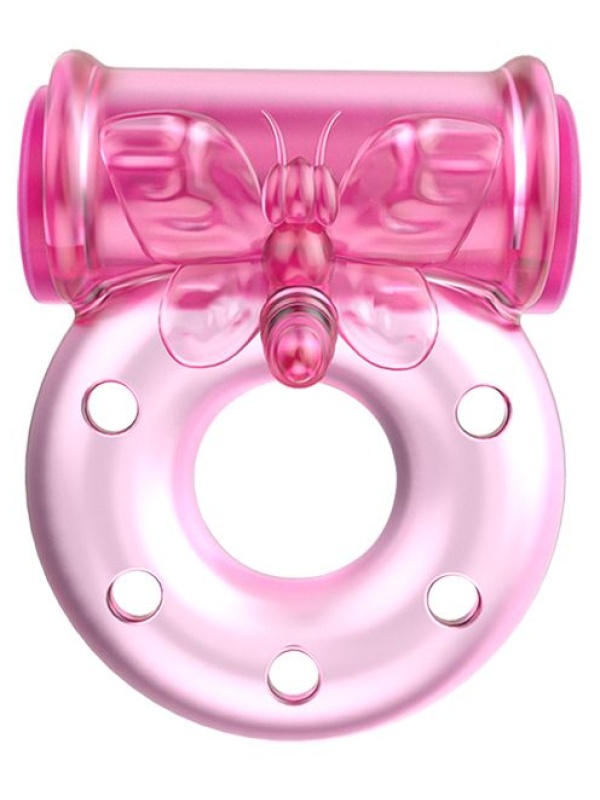Розовое эрекционное кольцо с бабочкой на вибропуле