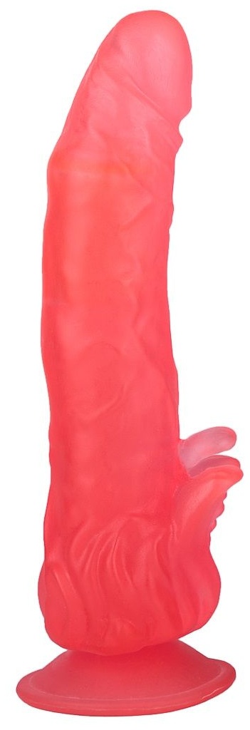 Розовый фаллоимитатор с лепестками у присоски - 18,5 см.