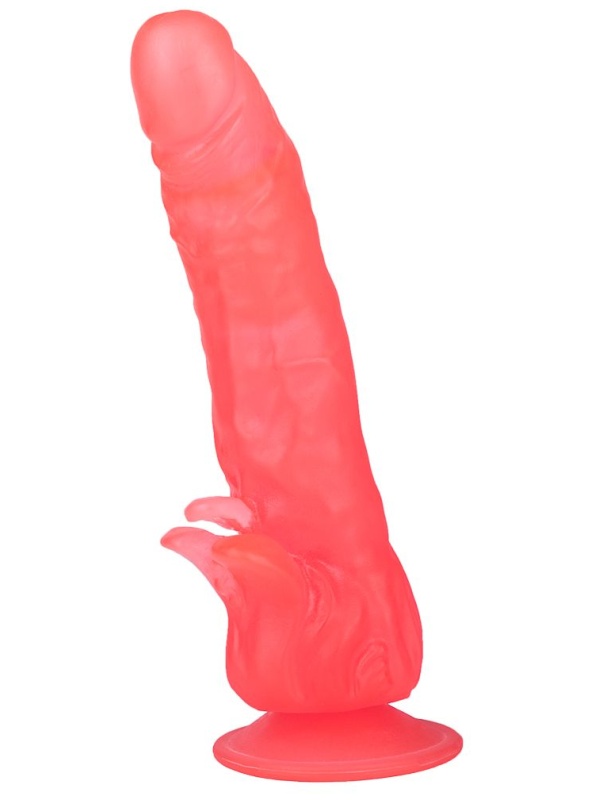 Розовый фаллоимитатор с лепестками у присоски - 18,5 см.