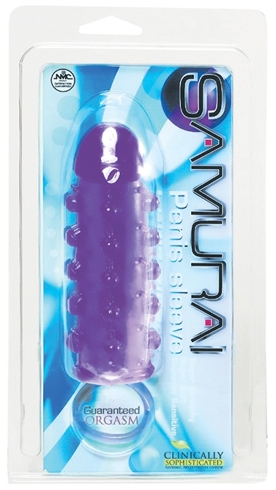 Закрытая фиолетовая насадка с пупырышками SAMURAI PENIS SLEEVE PURPLE - 14,5 см.
