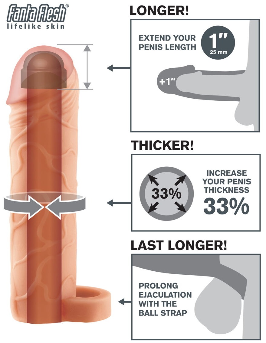 Телесная насадка с кольцом Perfect 1 Extension with Ball Strap - 17 см.