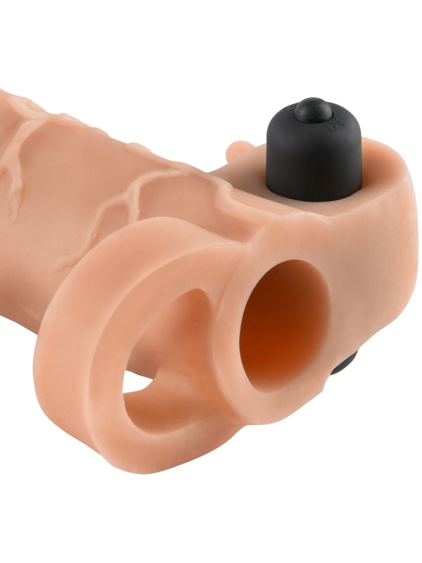 Телесная вибронасадка с кольцом Vibrating Real Feel 2 Extension - 16 см.