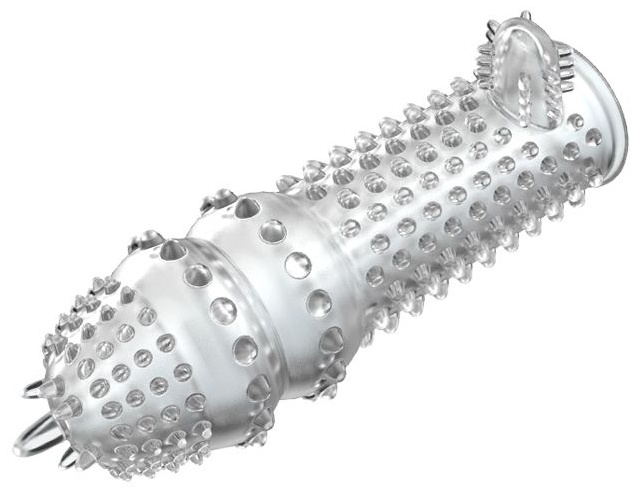 Прозрачная насадка на пенис с шипами и стимулятором клитора - 12,8 см.