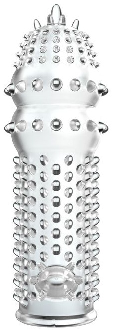 Прозрачная насадка на пенис с шипами и стимулятором клитора - 12,8 см.