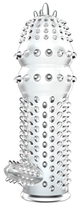 Прозрачная насадка на пенис с шипами и стимулятором клитора - 12,8 см.