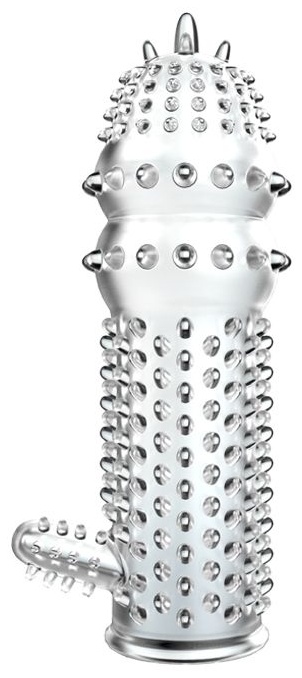 Прозрачная насадка на пенис с шипами и стимулятором клитора - 12,8 см.