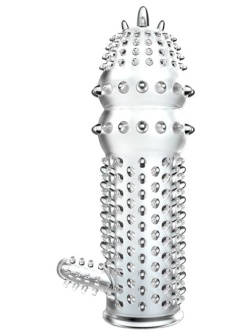 Прозрачная насадка на пенис с шипами и стимулятором клитора - 12,8 см.