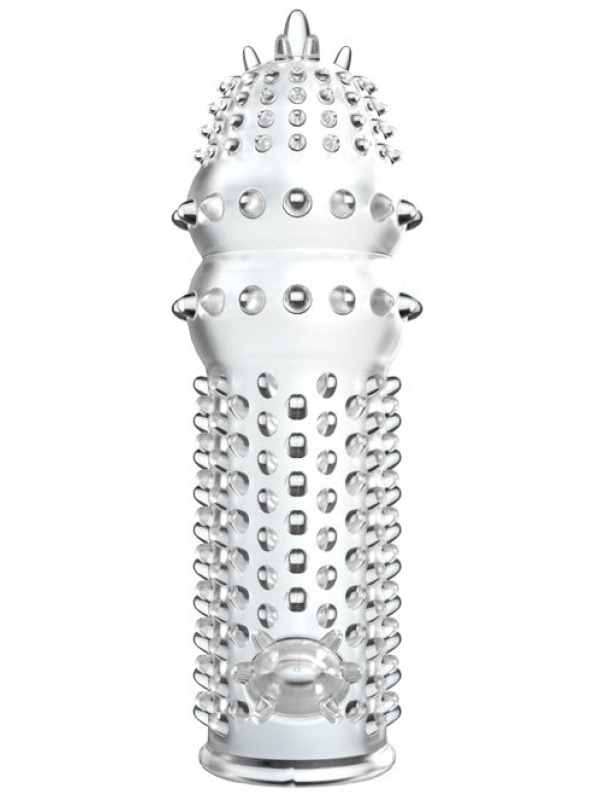 Прозрачная насадка на пенис с шипами и стимулятором клитора - 12,8 см.