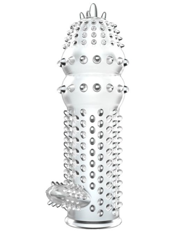 Прозрачная насадка на пенис с шипами и стимулятором клитора - 12,8 см.