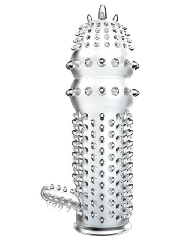 Прозрачная насадка на пенис с шипами и стимулятором клитора - 12,8 см.