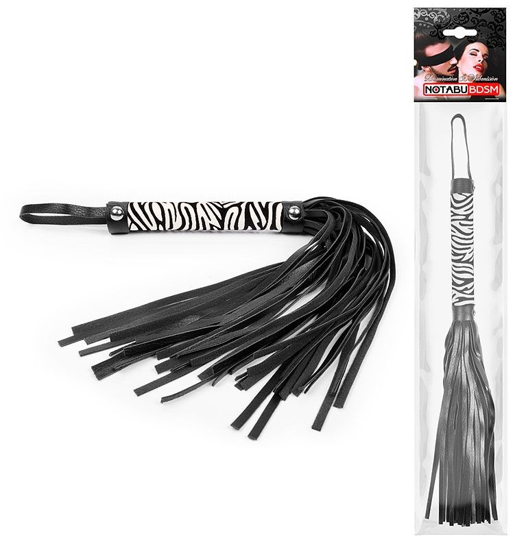 Черная многохвостовая плеть с круглой ручкой-зеброй - 39 см.