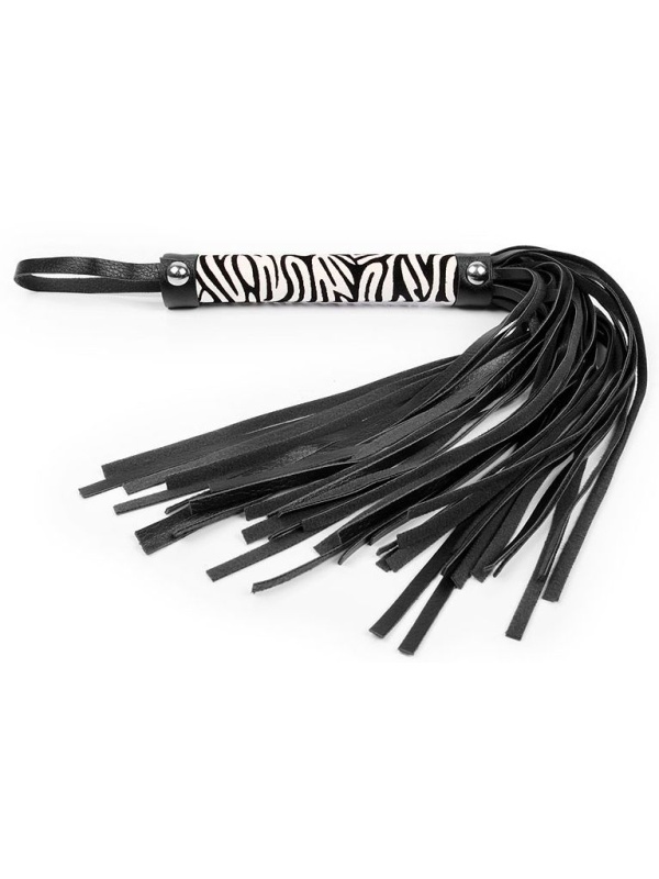 Черная многохвостовая плеть с круглой ручкой-зеброй - 39 см.