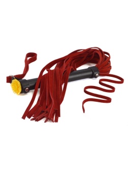 Красная многохвостая плеть с розой на рукояти - 57 см.