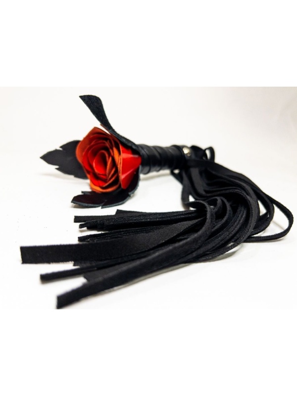 Черная замшевая плеть с красной лаковой розой в рукояти - 40 см.