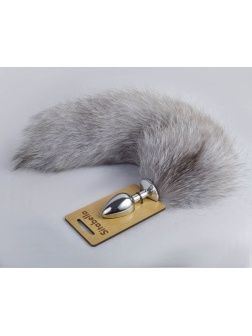 Серебристая анальная пробка с натуральным хвостиком