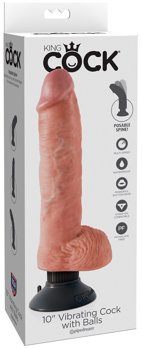 Телесный вибромассажер 10  Vibrating Cock with Balls - 25,4 см.