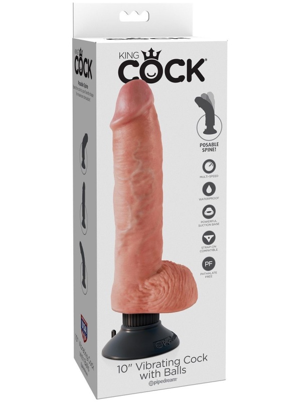Телесный вибромассажер 10  Vibrating Cock with Balls - 25,4 см.