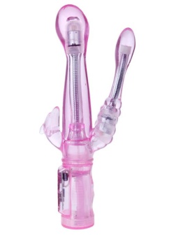 Розовый вибратор с анальным и клиторальным отростками Intimate Tease - 22 см.