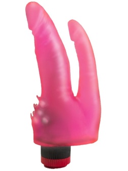 Двойной розовый вибромассажёр с шипами у основания - 17 см.